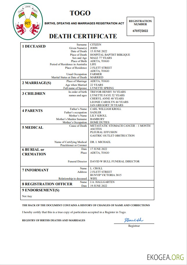 Certificat de décès de l'état civil du Togo Modèle Word et PDF